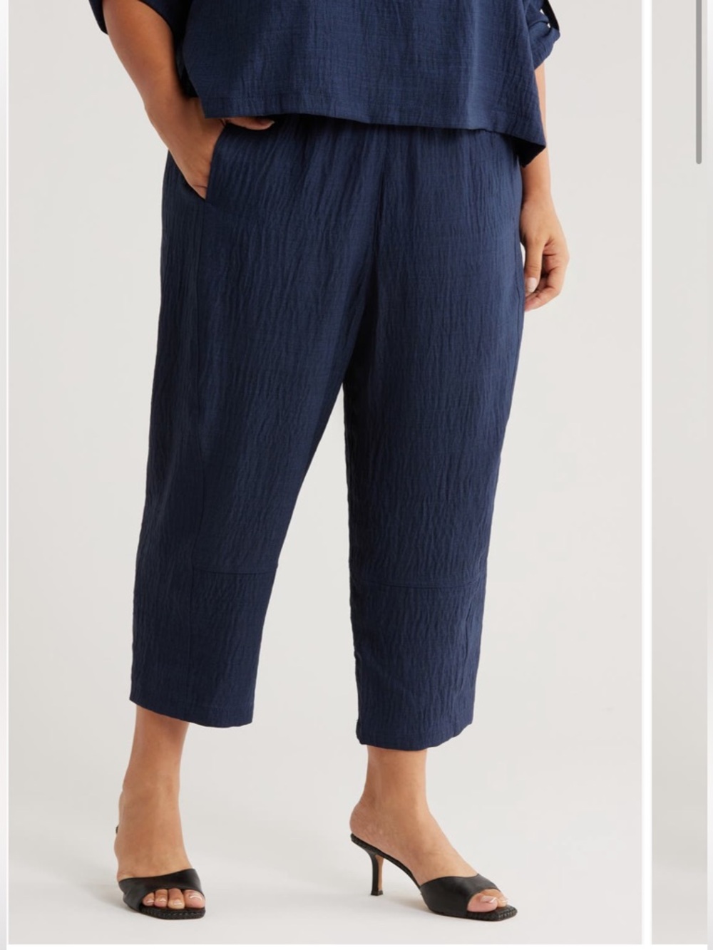 Max Studio Navy Textured Barrel Leg Pull-On Pants